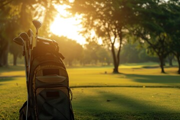 Wall Mural - Golf club bag for training and playing with golf course setting trees and sun