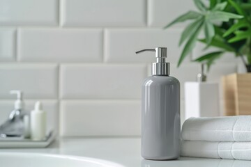 Poster - Gray soap dispenser and bottle on white background in bathroom with room for text