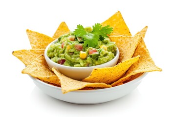 Poster - Guacamole dip with chips in a white bowl on white background