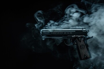 Gun in smoke on dark backdrop