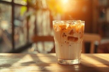 Sticker - Iced coffee with milk and cream Cold brew with ice Morning sunlight