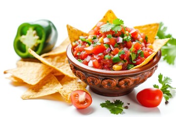 Wall Mural - Mexican appetizer salsa dip with corn chips isolated on white background Ingredients include tomatoes onions cilantro jalapeno peppers and salt