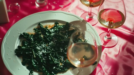  a close up of a plate of food with a glass of wine and two glasses of wine on a table with a pink table cloth and white plate with a red table cloth.