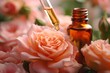 Rose oil in pipette and amber glass bottle against a background of pink roses
