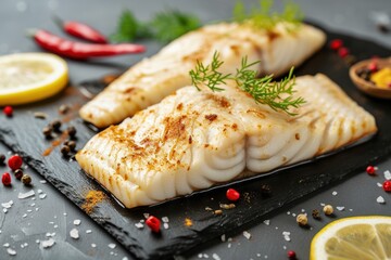 Wall Mural - Spiced and lemon infused Pangasius fish on a stone background