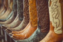 Stylish Leather Boots Displayed Alongside Retro Vintage Clothing Costumes And Jewelry At Moon Zoom A Closeup Of A Row Of Cowboy Boots And Western Attire
