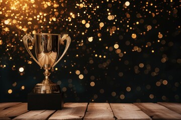 Wall Mural - subdued photo of trophy on wood table with dark backdrop and shimmering lights