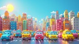 Fototapeta  - Kawaii-style bustling cityscape with smiling buildings, cheerful cars, and a bright sun