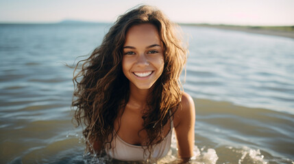 Wall Mural - Cute teen in the water near a beach