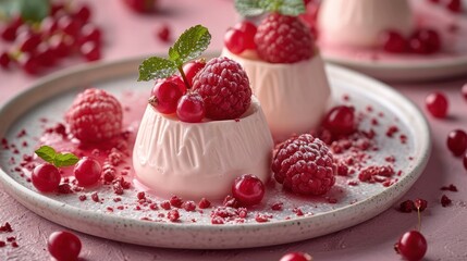  a white plate topped with two desserts covered in raspberries and whipped cream and topped with a minty sprig of mint on top of the plate.