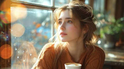 Wall Mural -  a close up of a person sitting at a table with a cup of coffee in front of a window with boke of light coming through the window panes.