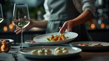 Wall Mural -  a close up of a plate of food on a table with a glass of wine and a person holding a glass of wine in front of wine in the background.