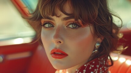 Sticker -  a close up of a woman's face with red lipstick and a scarf around her neck, in a red car, with the sun shining through the window.