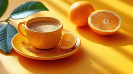  a cup of coffee sitting on top of a yellow saucer next to an orange on a yellow table cloth next to a green leaf and two oranges on a yellow background.