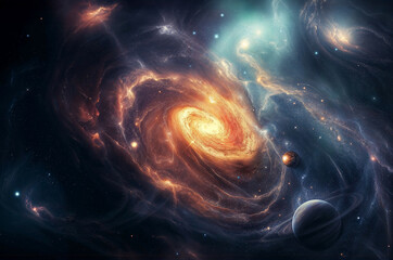 Wall Mural - spacescape of swirling galaxies and planets and stars and auroras,