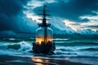 view of turbulent swells of a violent ocean storm, inside a glass bottle on the beach ม dramatic thunderous sky at dusk at center a closeup of large tall pirate ship with sails, breaking light
