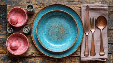 Wall Mural -  a close up of a plate with utensils and a napkin with a spoon and a spoon rest next to it on a wooden table with other utensils.