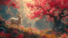  A Painting Of A Goat Standing In The Middle Of A Forest With Red Flowers On The Ground And A Tree With Red Leaves In The Foreground And A Bright Light Behind It.