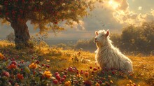  A Painting Of A Sheep Sitting In A Field Of Flowers With A Tree In The Background And A Bird In The Foreground With A Sunbeam In The Sky.