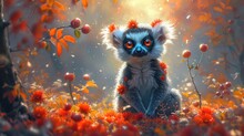  A Painting Of A Small Animal Sitting In The Middle Of A Field Of Orange And Red Flowers In Front Of A Tree With Red Berries On It's Branches.