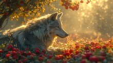  A Wolf Sitting In The Middle Of A Field Of Strawberries With The Sun Shining Through The Trees And Behind Him Is A Cluster Of Red Berries In The Foreground.