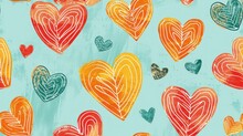  A Painting Of A Bunch Of Hearts On A Blue Background With Red, Orange, Green, And Yellow Hearts On The Left Side Of The Image And The Right Side Of The Image.