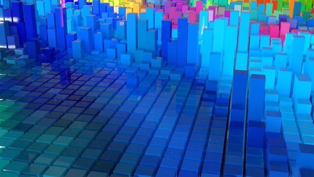 Geometrie - farbige Quader - Skyline - Architektur, Perspektive, Flächen, Formen, Winkel, Körper, Symmetrie, Rendering, blau, grün
