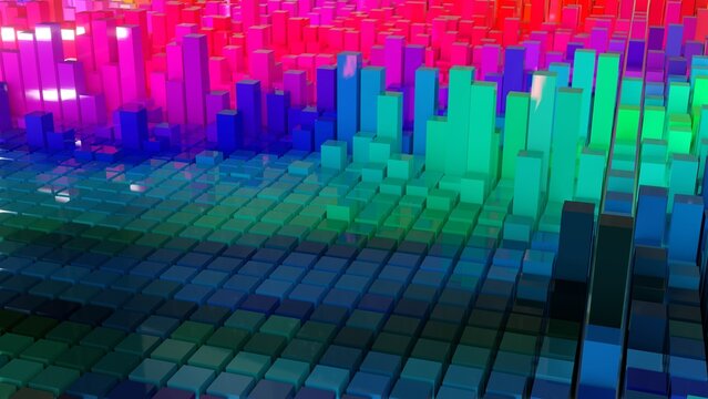 Geometrie - farbige Quader - Skyline - Architektur, Perspektive, Flächen, Formen, Winkel, Körper, Symmetrie, Rendering
