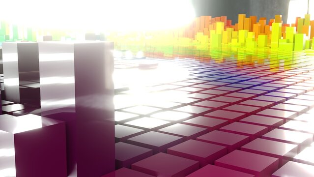 Geometrie - farbige Quader - Skyline - Architektur, Perspektive, Flächen, Formen, Winkel, Körper, Symmetrie, Rendering, gelb, grün, orange

