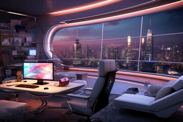 Aufkleber - Modern home office with futuristic design with high-tech automated furniture