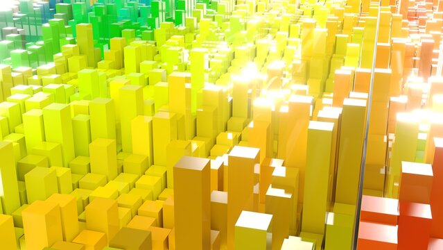 Geometrie - farbige Quader - Skyline - Architektur, Perspektive, Flächen, Formen, Winkel, Körper, Symmetrie, Rendering
