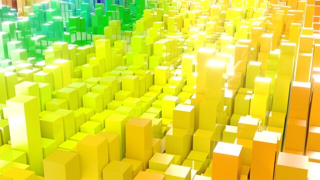 Geometrie - farbige Quader - Skyline - Architektur, Perspektive, Flächen, Formen, Winkel, Körper, Symmetrie, Rendering
