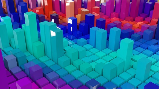 Geometrie - farbige Quader - Skyline - Architektur, Perspektive, Flächen, Formen, Winkel, Körper, Symmetrie, Rendering
