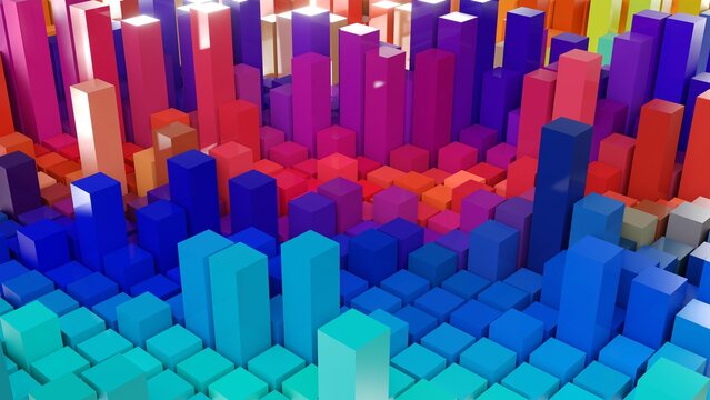 Geometrie - farbige Quader - Skyline - Architektur, Perspektive, Flächen, Formen, Winkel, Körper, Symmetrie, Rendering
