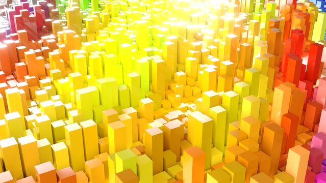 Geometrie - farbige Quader - Skyline - Architektur, Perspektive, Flächen, Formen, Winkel, Körper, Symmetrie, Rendering, gelb, orange

