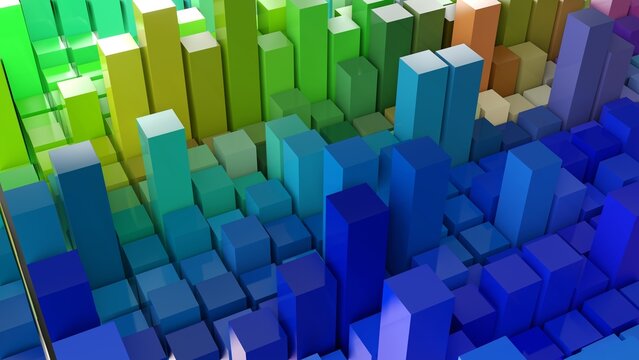 Geometrie - farbige Quader - Skyline - Architektur, Perspektive, Flächen, Formen, Winkel, Körper, Symmetrie, Rendering, grün, blau
