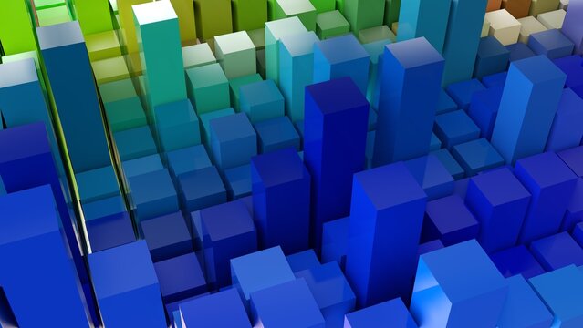 Geometrie - farbige Quader - Skyline - Architektur, Perspektive, Flächen, Formen, Winkel, Körper, Symmetrie, Rendering, grün, blau
