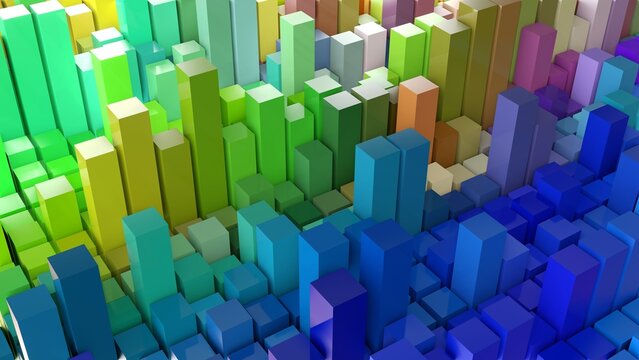 Geometrie - farbige Quader - Skyline - Architektur, Perspektive, Flächen, Formen, Winkel, Körper, Symmetrie, Rendering, grün, blau
