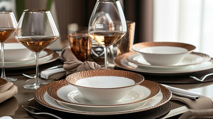  a close up of a table with a plate and glasses of wine in front of a window with a view of the outside of the room and the outside of the room.