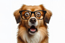 Shocked Cute Dog In Glasses With Surprised Eyes On White Background. Ai Generative