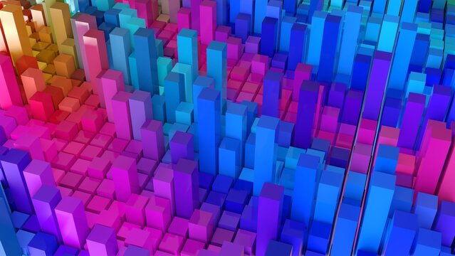 Geometrie - farbige Quader - Skyline - Architektur, Perspektive, Flächen, Formen, Winkel, Körper, Symmetrie, Rendering, blau, violett, pink, rot

