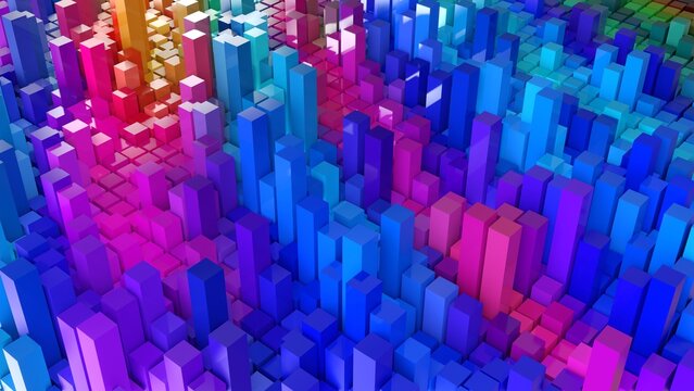 Geometrie - farbige Quader - Skyline - Architektur, Perspektive, Flächen, Formen, Winkel, Körper, Symmetrie, Rendering, blau, violett, pink, rot
