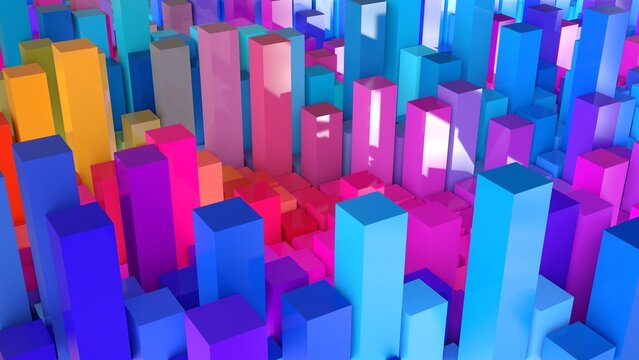 Geometrie - farbige Quader - Skyline - Architektur, Perspektive, Flächen, Formen, Winkel, Körper, Symmetrie, Rendering, blau, violett, pink, rot
