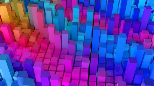 Geometrie - farbige Quader - Skyline - Architektur, Perspektive, Flächen, Formen, Winkel, Körper, Symmetrie, Rendering, blau, violett, pink, rot
