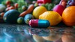 A vibrant image showcasing a variety of colorful fruit and vegetable power supplement capsules, filled with essential multivitamins for health and wellness.