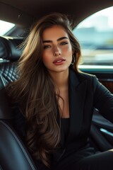 Wall Mural - A business woman is sitting on the back seat of a luxury car