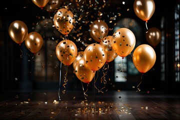 Poster - Luxury celebration background with golden, black balloons and golden confetti