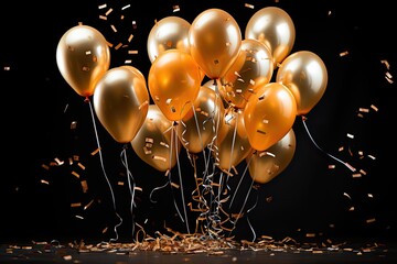 Poster - Luxury celebration background with golden, black balloons and golden confetti
