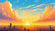 Sunrise Or Sunset Over The City Blue Sky With Orange Fluffy Clouds Anime Manga Digital Illustration Comic Style