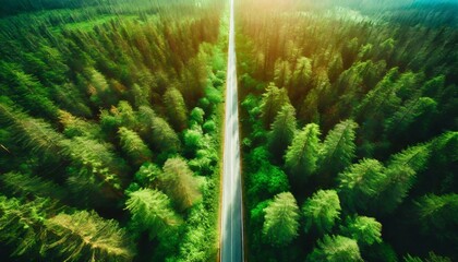 Poster - aerial view road in the middle forest top view road going through green forest adventure ecosystem ecology healthy environment road trip travel